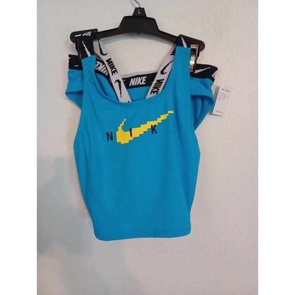 Nike Girl’s Two Piece Cropped Blue Swim Shirt Bikini Bottom Set Size L